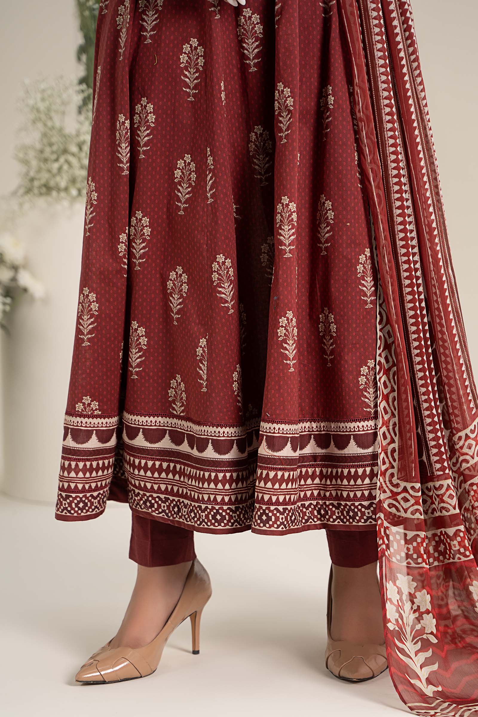 Pakistani Maroon Embroidered Lawn Anarkali Dress (3-Piece) - Image 3