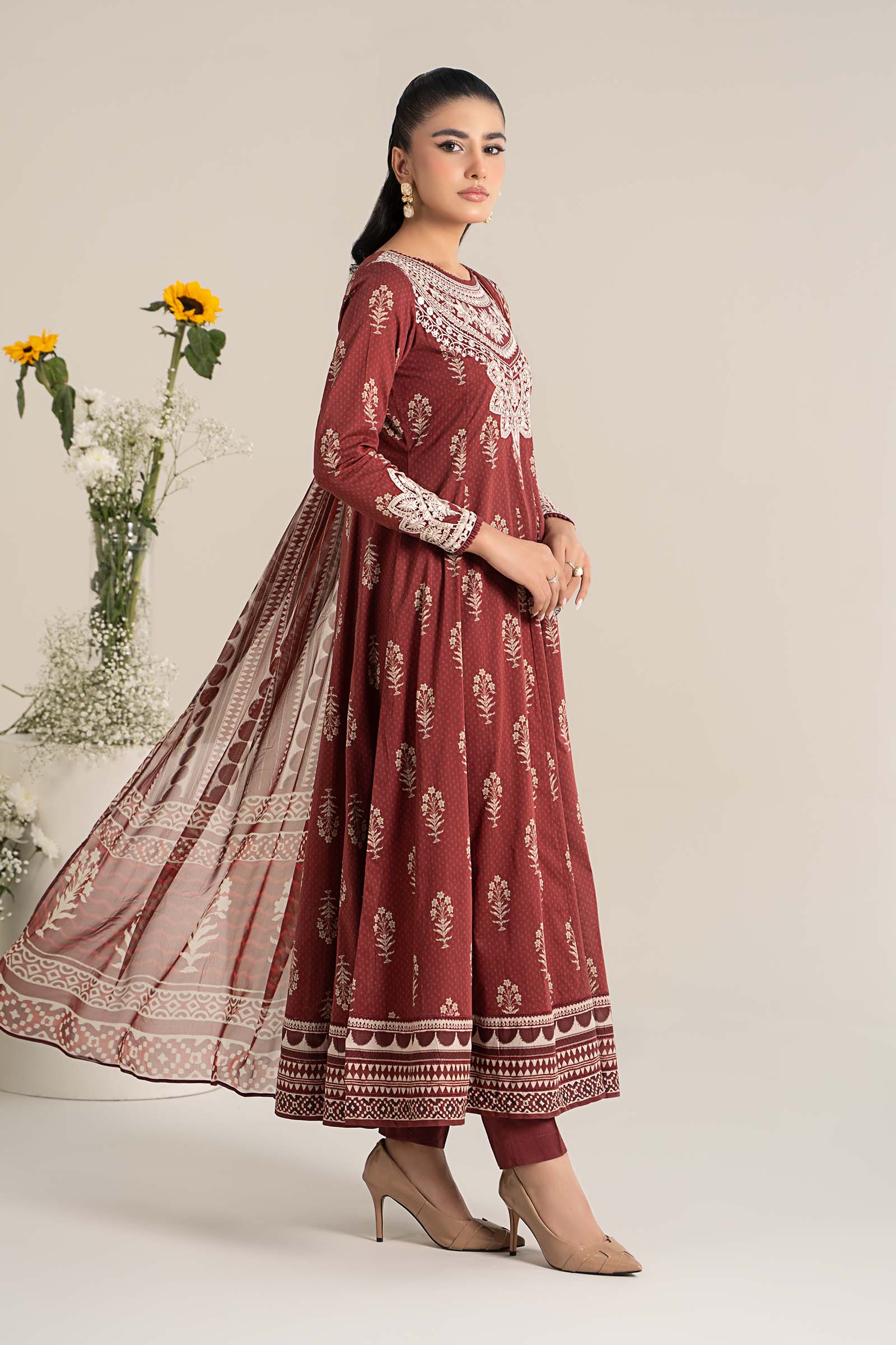 Pakistani Maroon Embroidered Lawn Anarkali Dress (3-Piece) - Image 4