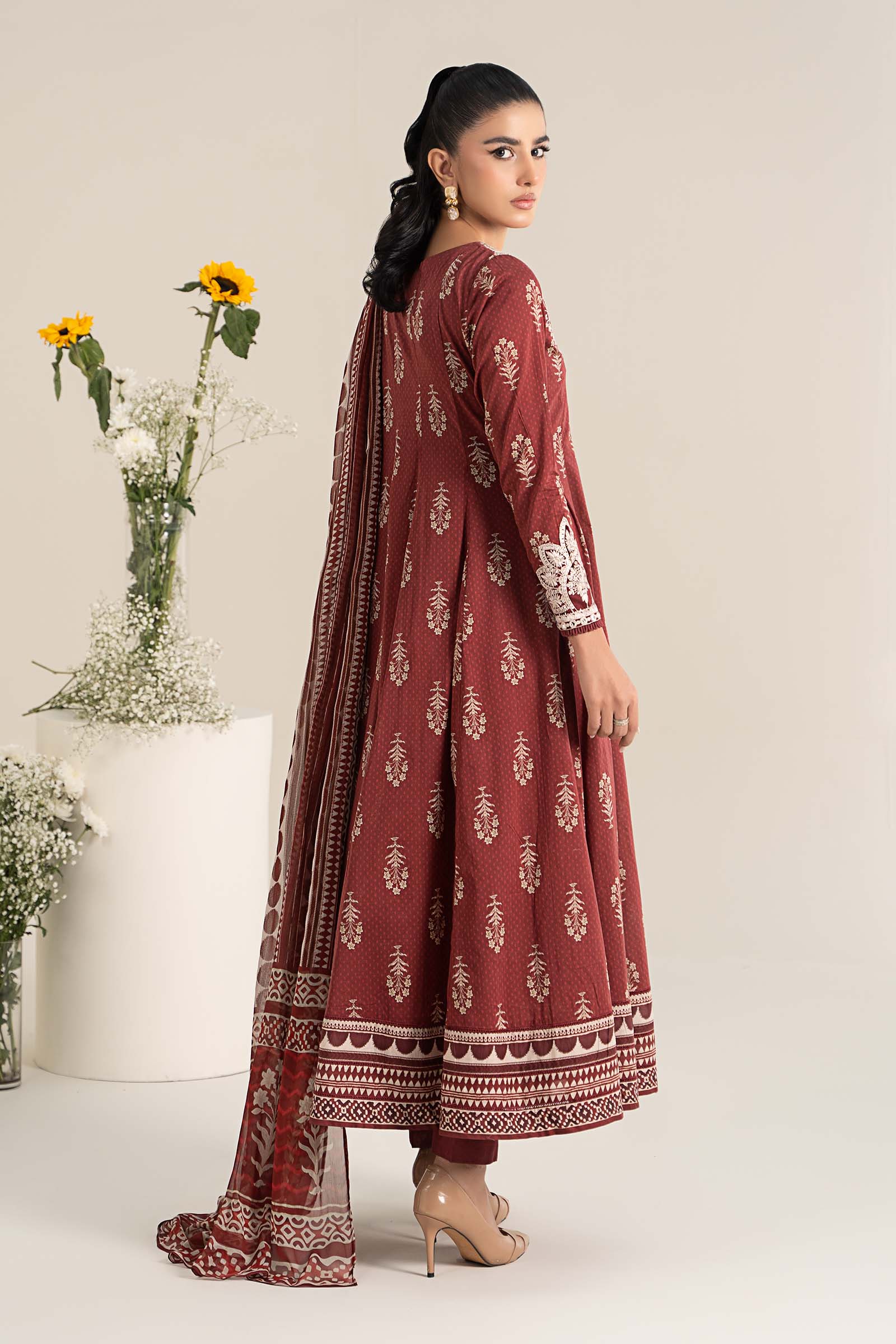 Pakistani Maroon Embroidered Lawn Anarkali Dress (3-Piece) - Image 5