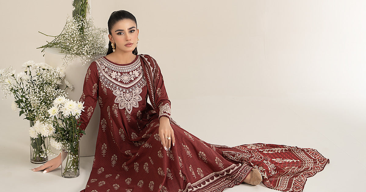 Pakistani Maroon Embroidered Lawn Anarkali Dress (3-Piece) - Image 6