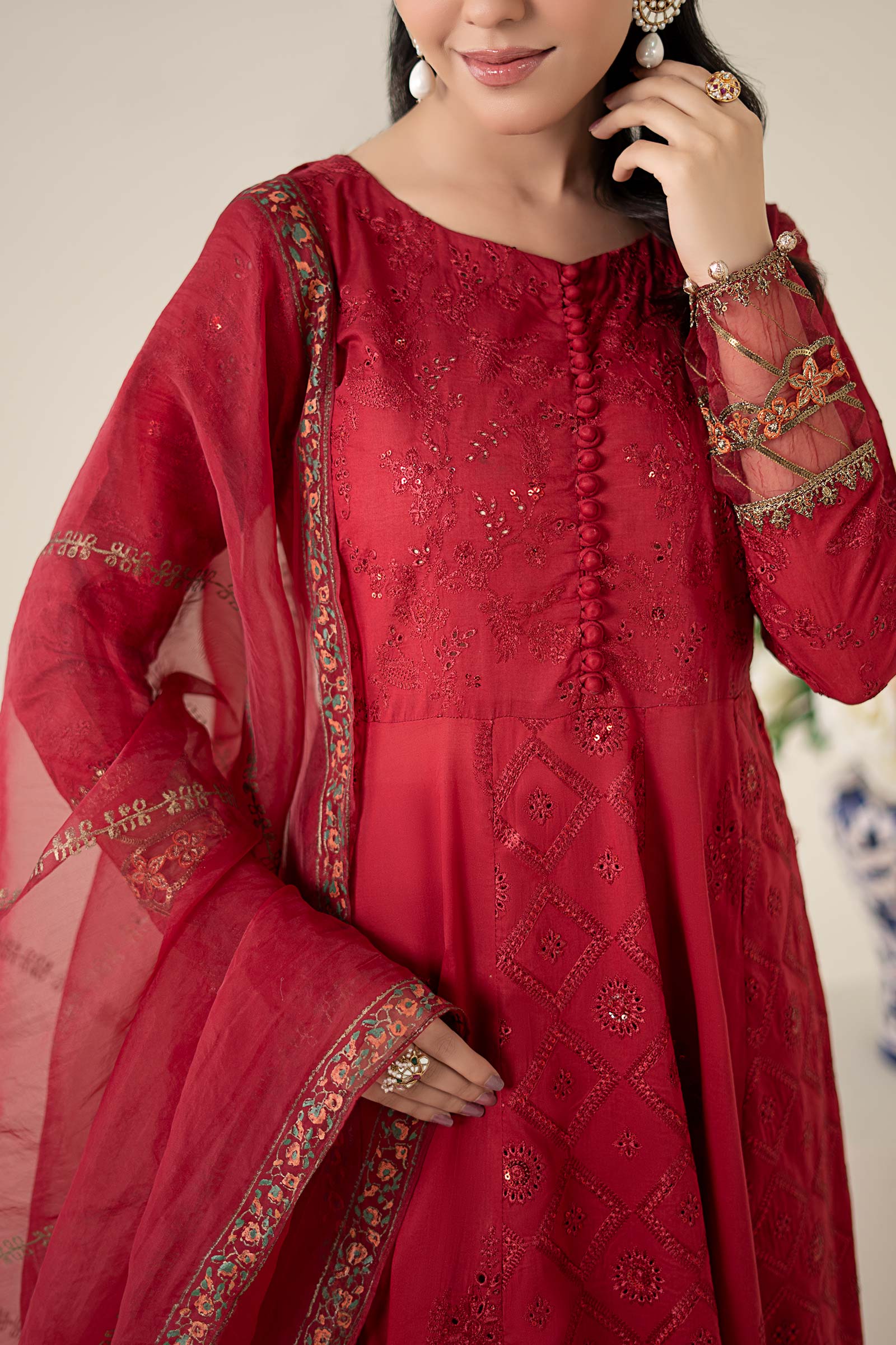 Maroon Embroidered Lawn & Organza Anarkali Dress (3-Piece) - Image 2