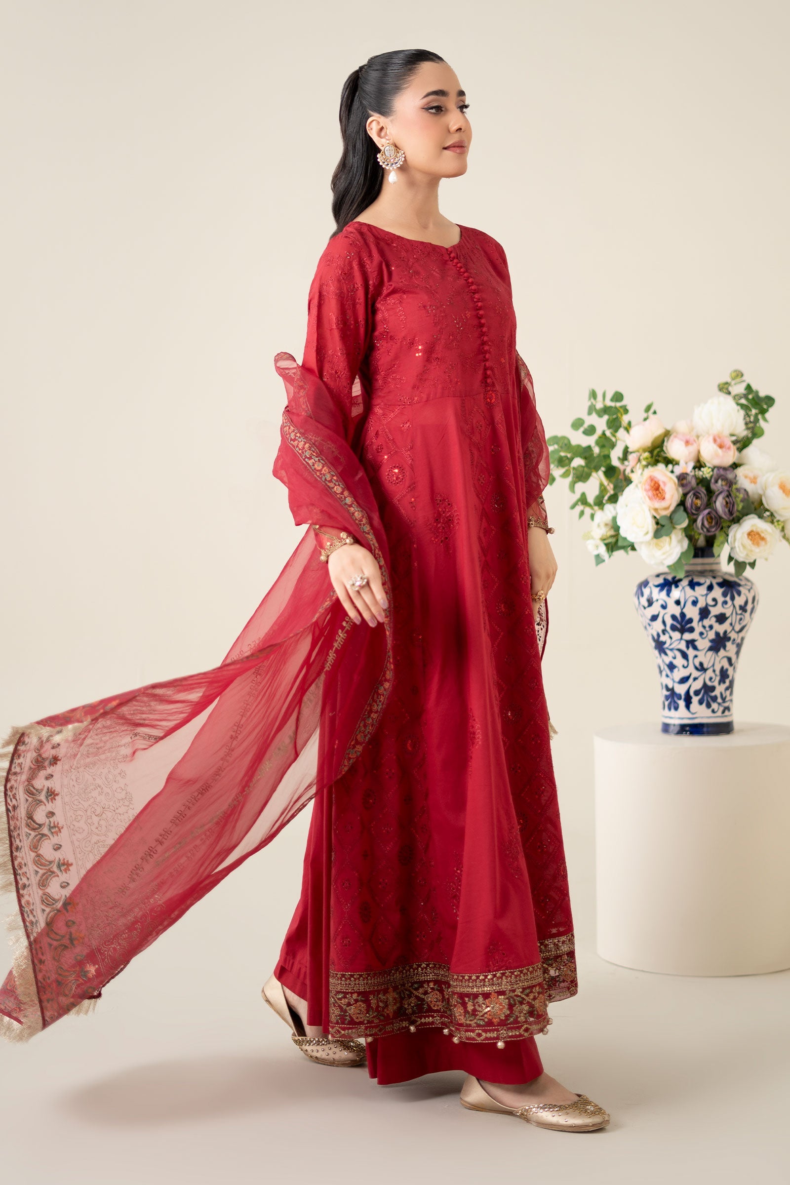 Maroon Embroidered Lawn & Organza Anarkali Dress (3-Piece) - Image 3