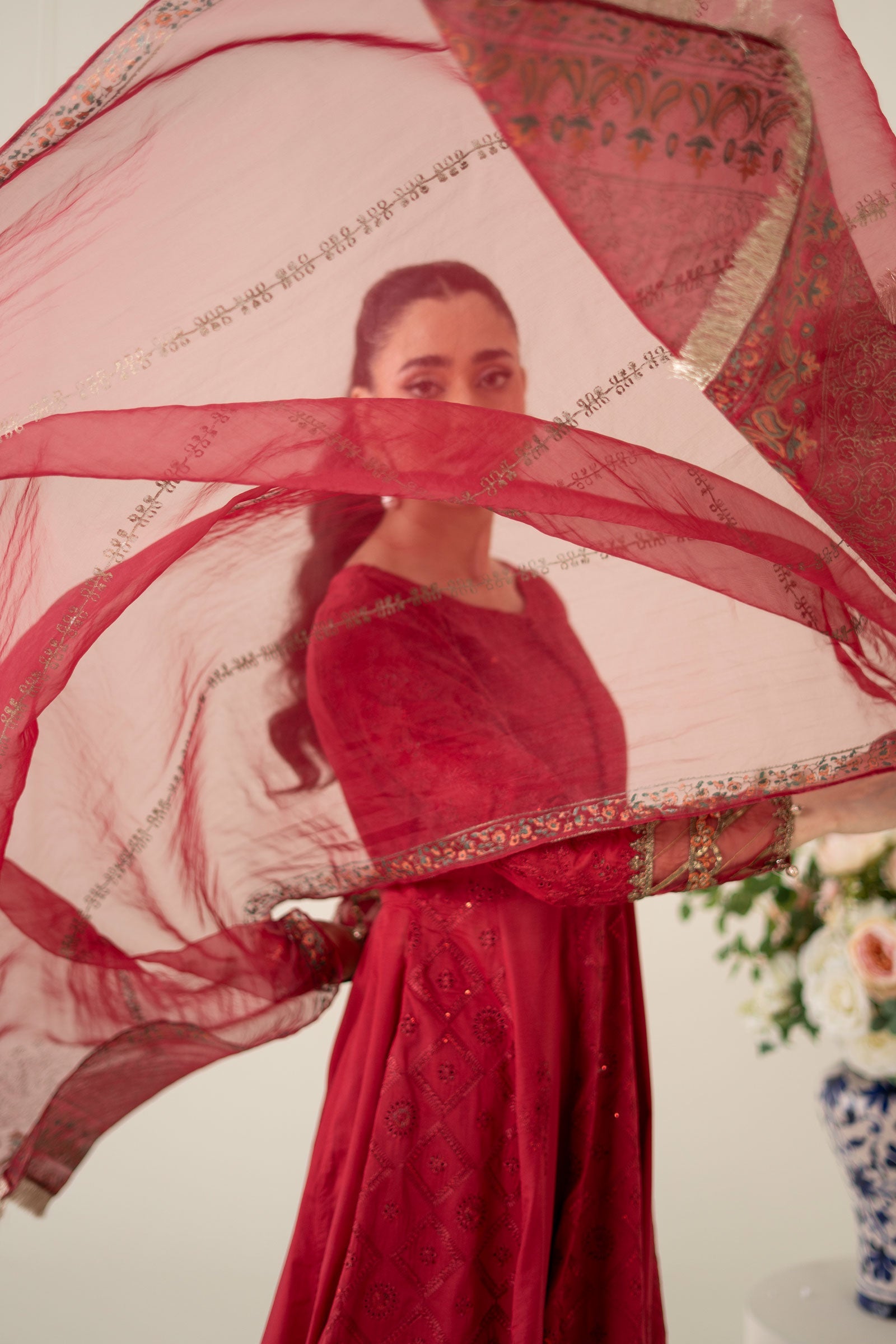 Maroon Embroidered Lawn & Organza Anarkali Dress (3-Piece) - Image 4