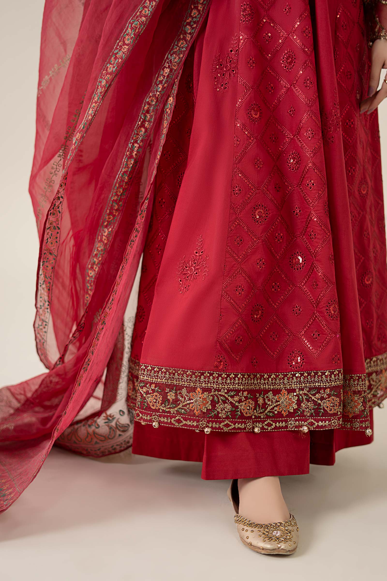 Maroon Embroidered Lawn & Organza Anarkali Dress (3-Piece) - Image 5
