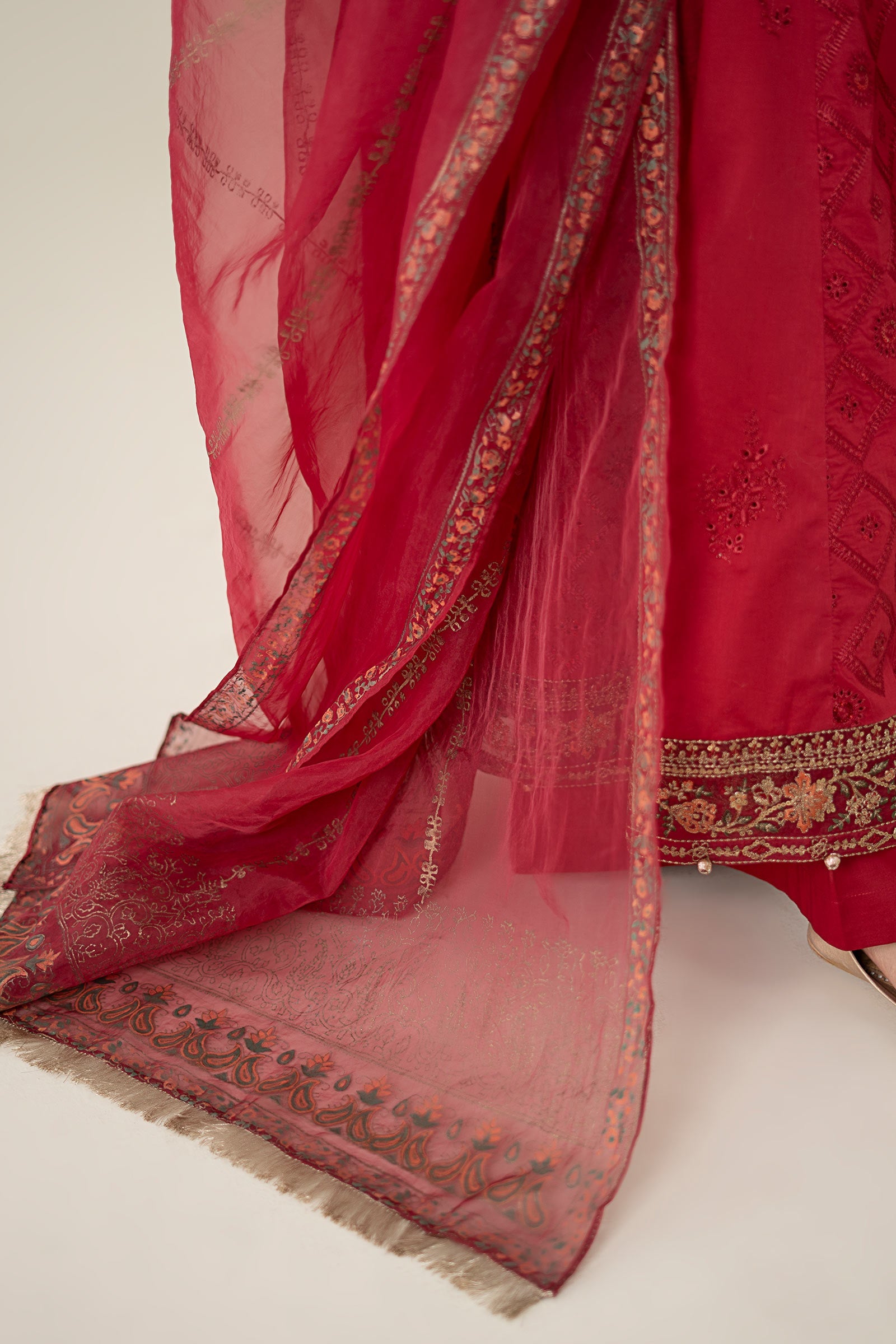 Maroon Embroidered Lawn & Organza Anarkali Dress (3-Piece) - Image 6