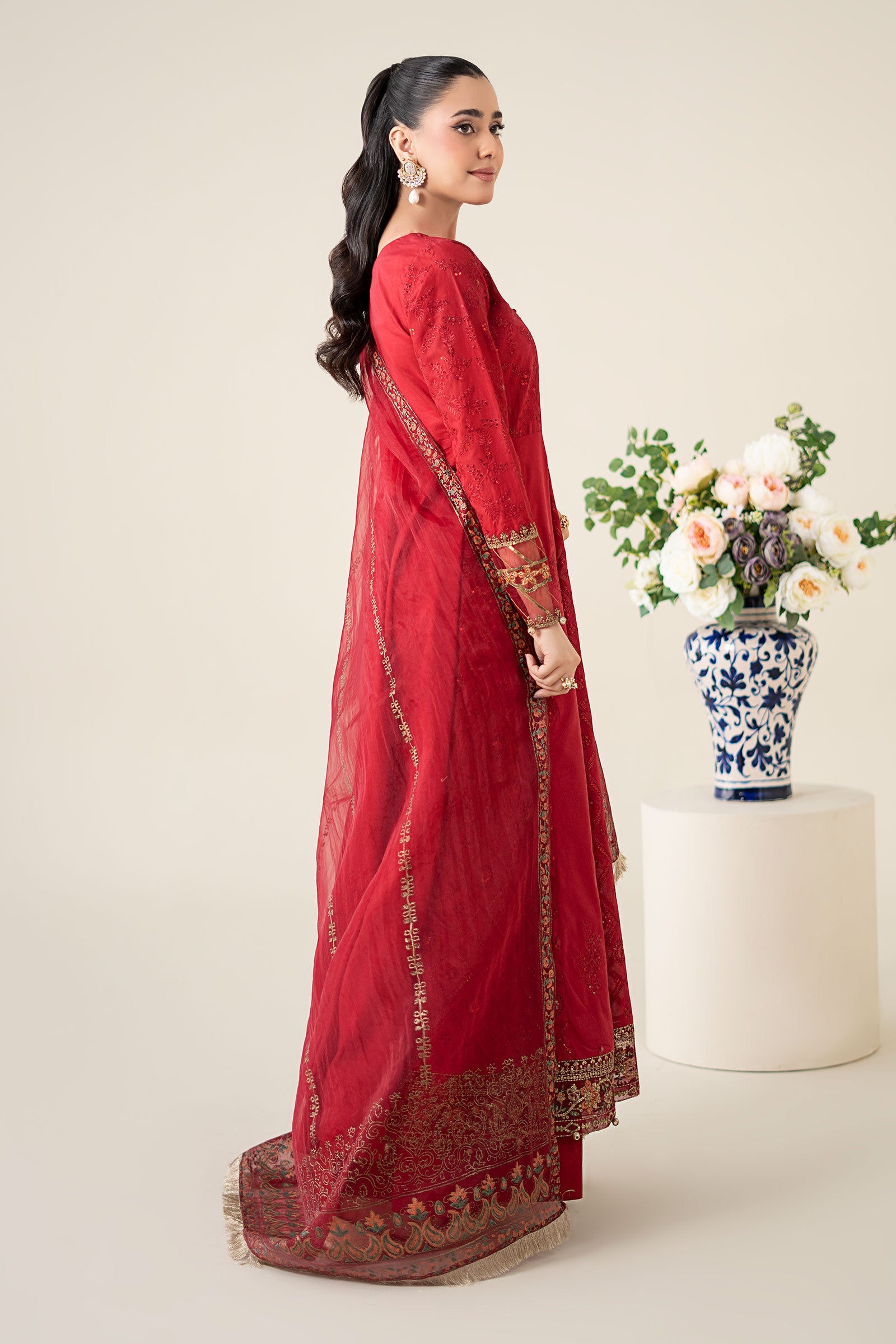 Maroon Embroidered Lawn & Organza Anarkali Dress (3-Piece) - Image 7
