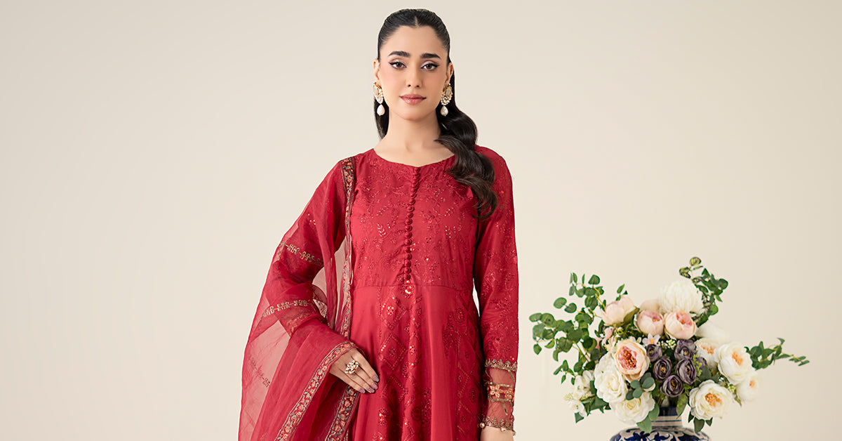 Maroon Embroidered Lawn & Organza Anarkali Dress (3-Piece) - Image 8