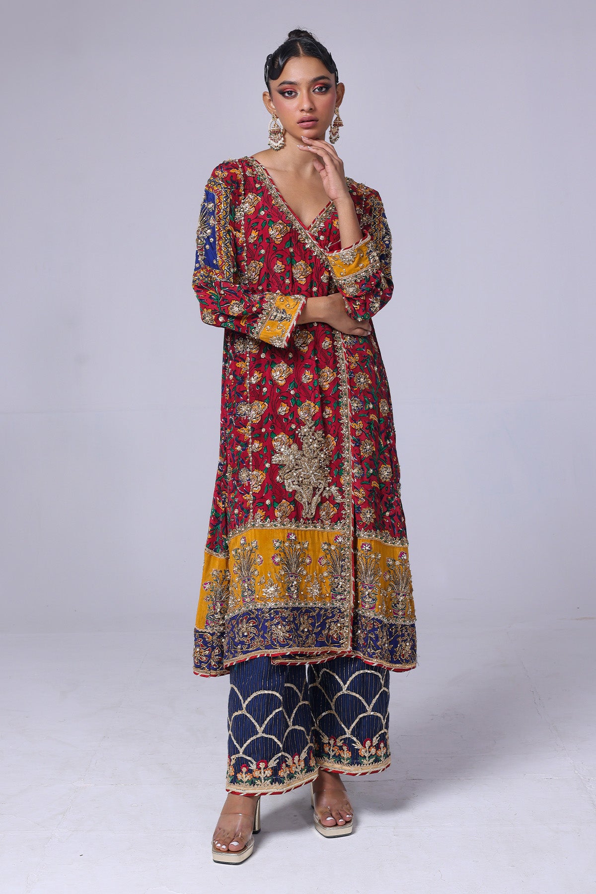 Burgundy Gota Zardozi Grip Cotton Net Angrakha (2-Piece) - Image 1