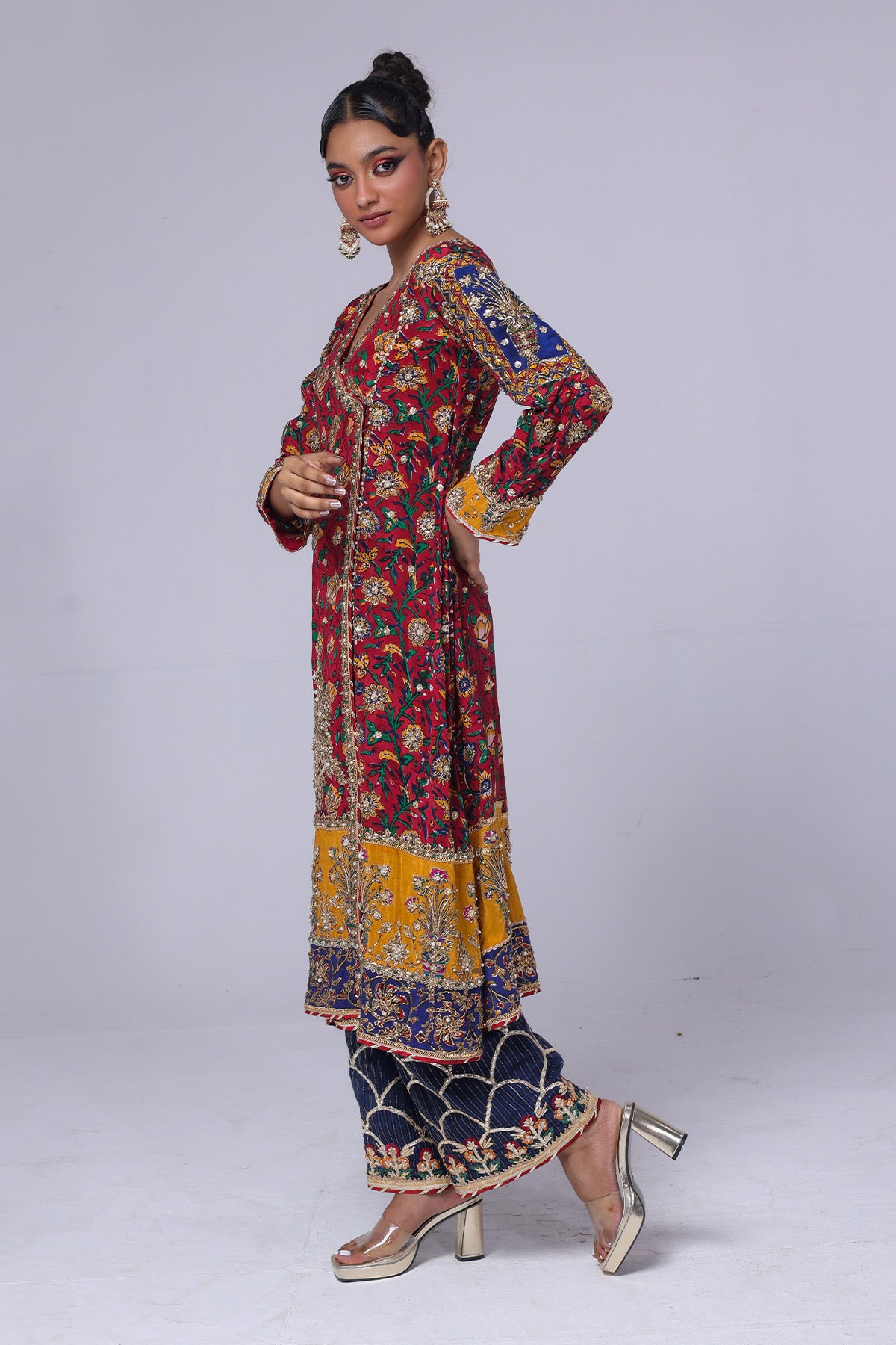 Burgundy Gota Zardozi Grip Cotton Net Angrakha (2-Piece) - Image 2