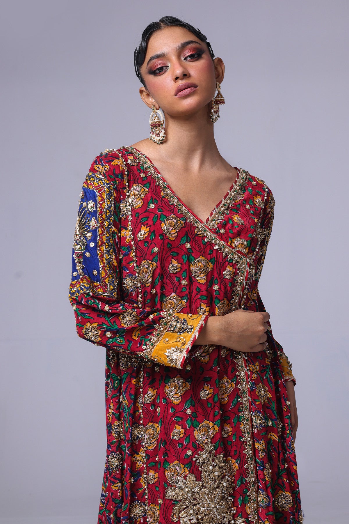 Burgundy Gota Zardozi Grip Cotton Net Angrakha (2-Piece) - Image 3