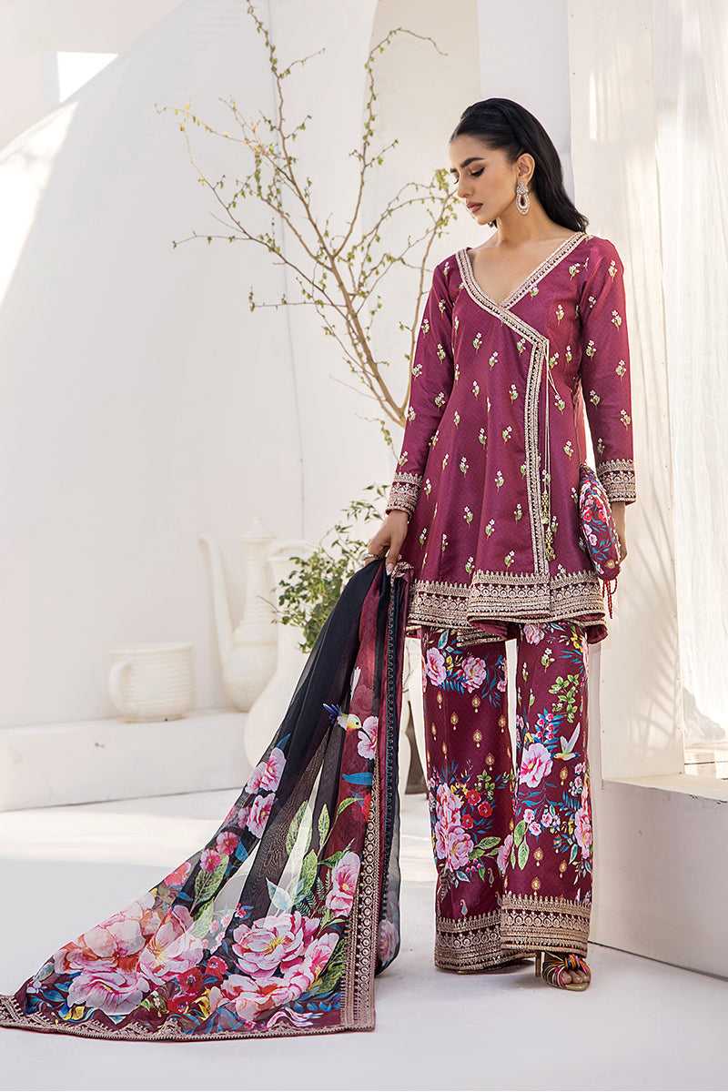 Burgundy Embroidered Silk Angrakha Peplum (3-Piece) - Image 1