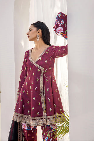 Burgundy Embroidered Silk Angrakha Peplum (3-Piece) - Image 10