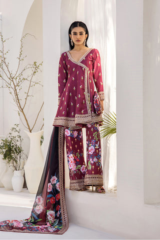 Burgundy Embroidered Silk Angrakha Peplum (3-Piece) - Image 4