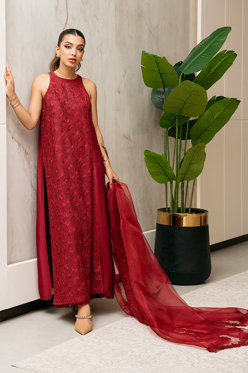 Pakistani Deep Maroon Schiffli Silk Angrakha Set (3-Piece) - Image 1
