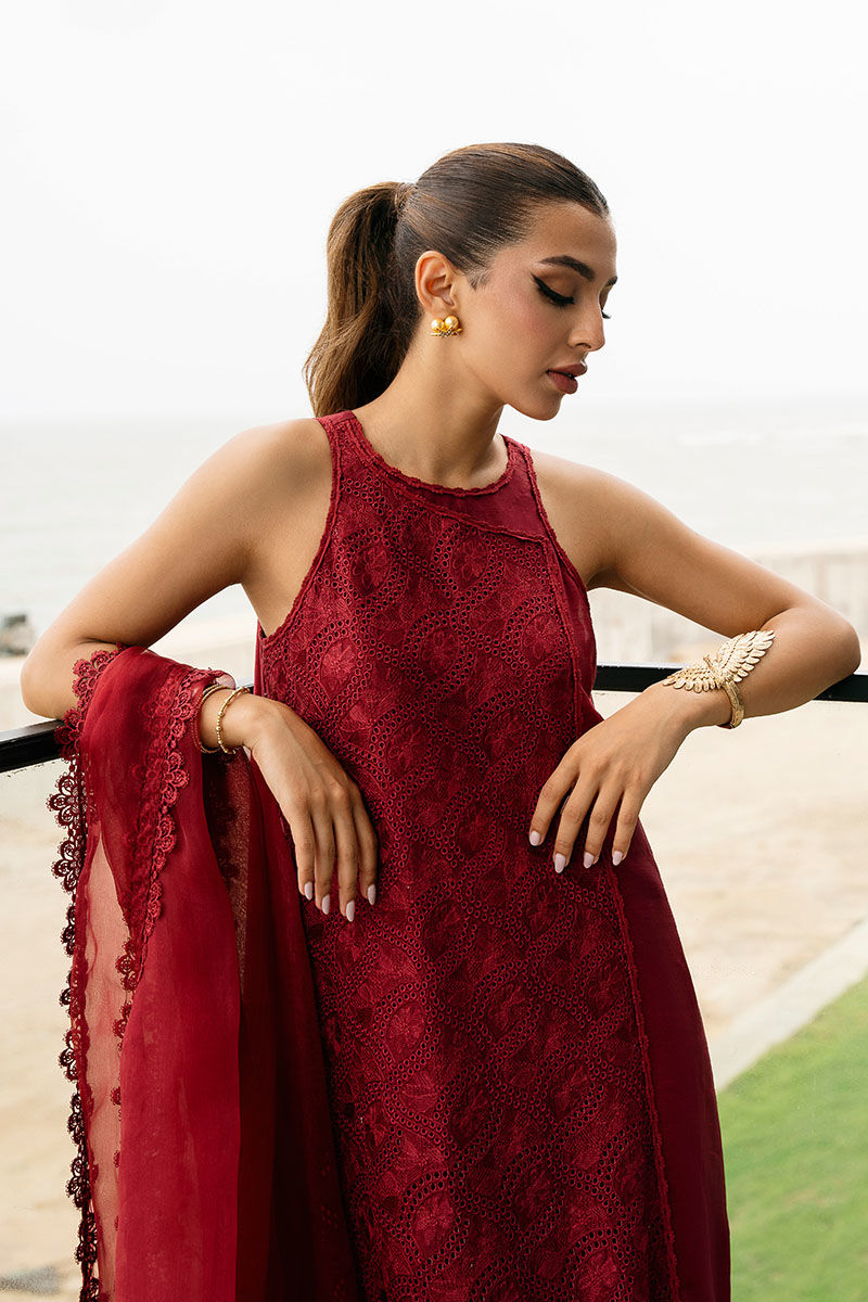 Pakistani Deep Maroon Schiffli Silk Angrakha Set (3-Piece) - Image 2