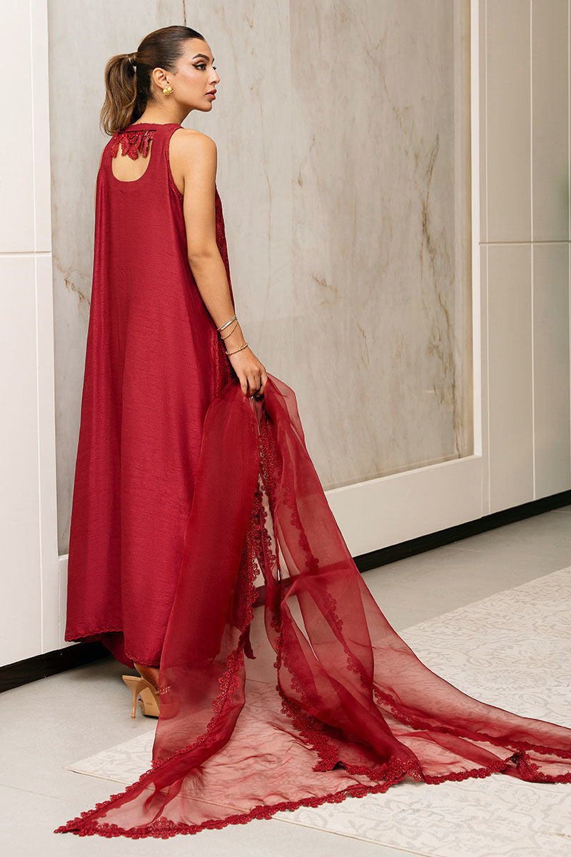 Pakistani Deep Maroon Schiffli Silk Angrakha Set (3-Piece) - Image 4