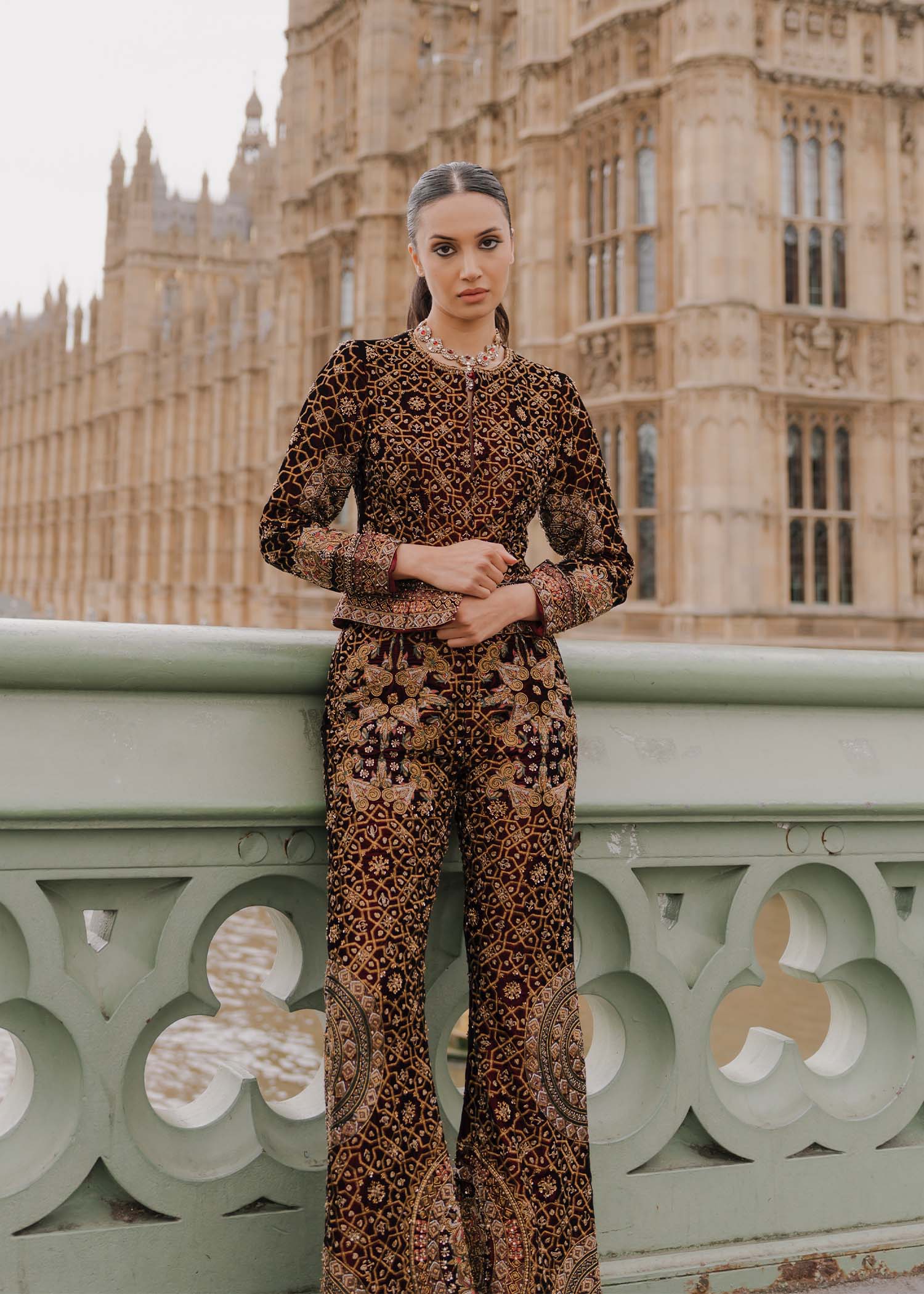 Maroon Embroidered Velvet Blazer & Bootcut Pants (2-Piece) - Image 2