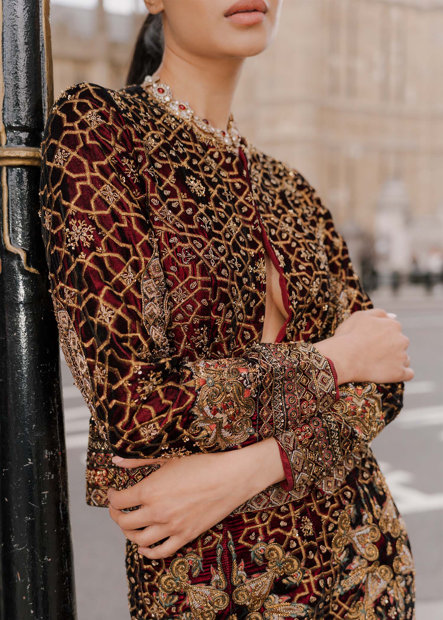 Maroon Embroidered Velvet Blazer & Bootcut Pants (2-Piece) - Image 3