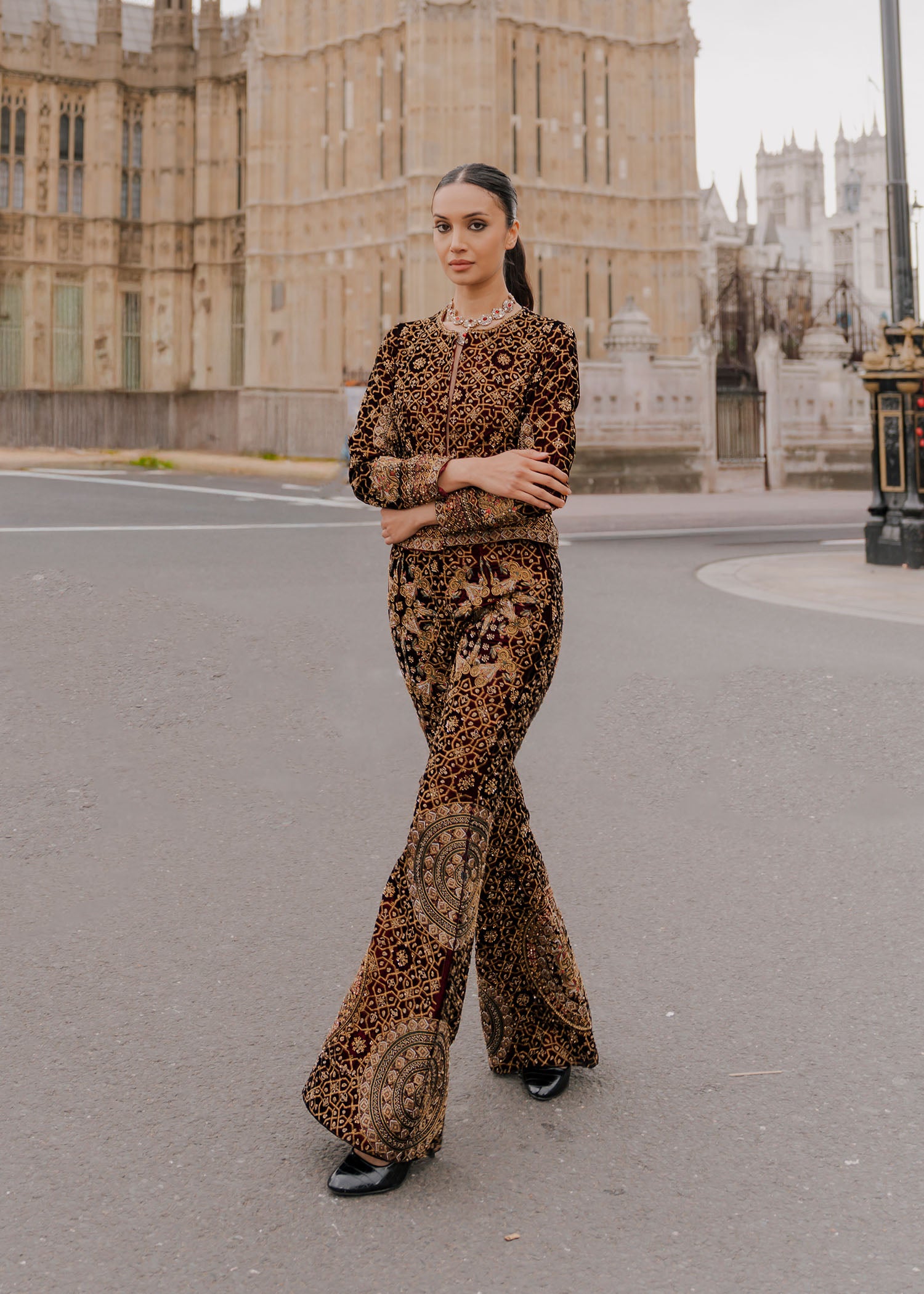Maroon Embroidered Velvet Blazer & Bootcut Pants (2-Piece) - Image 4