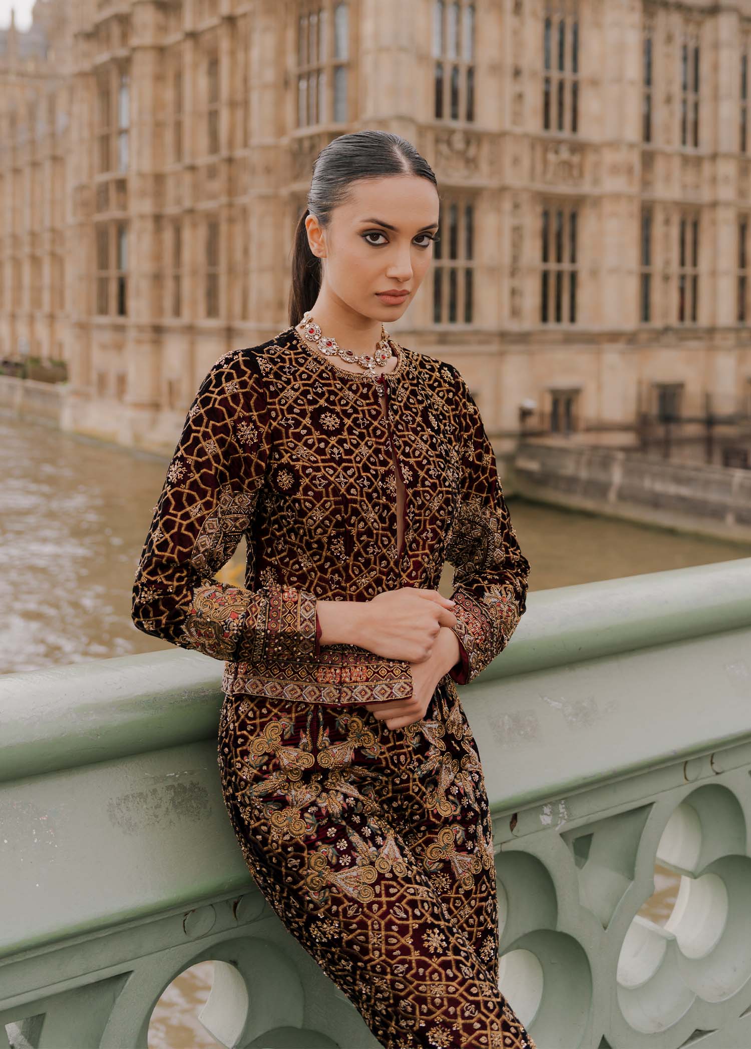 Maroon Embroidered Velvet Blazer & Bootcut Pants (2-Piece) - Image 5