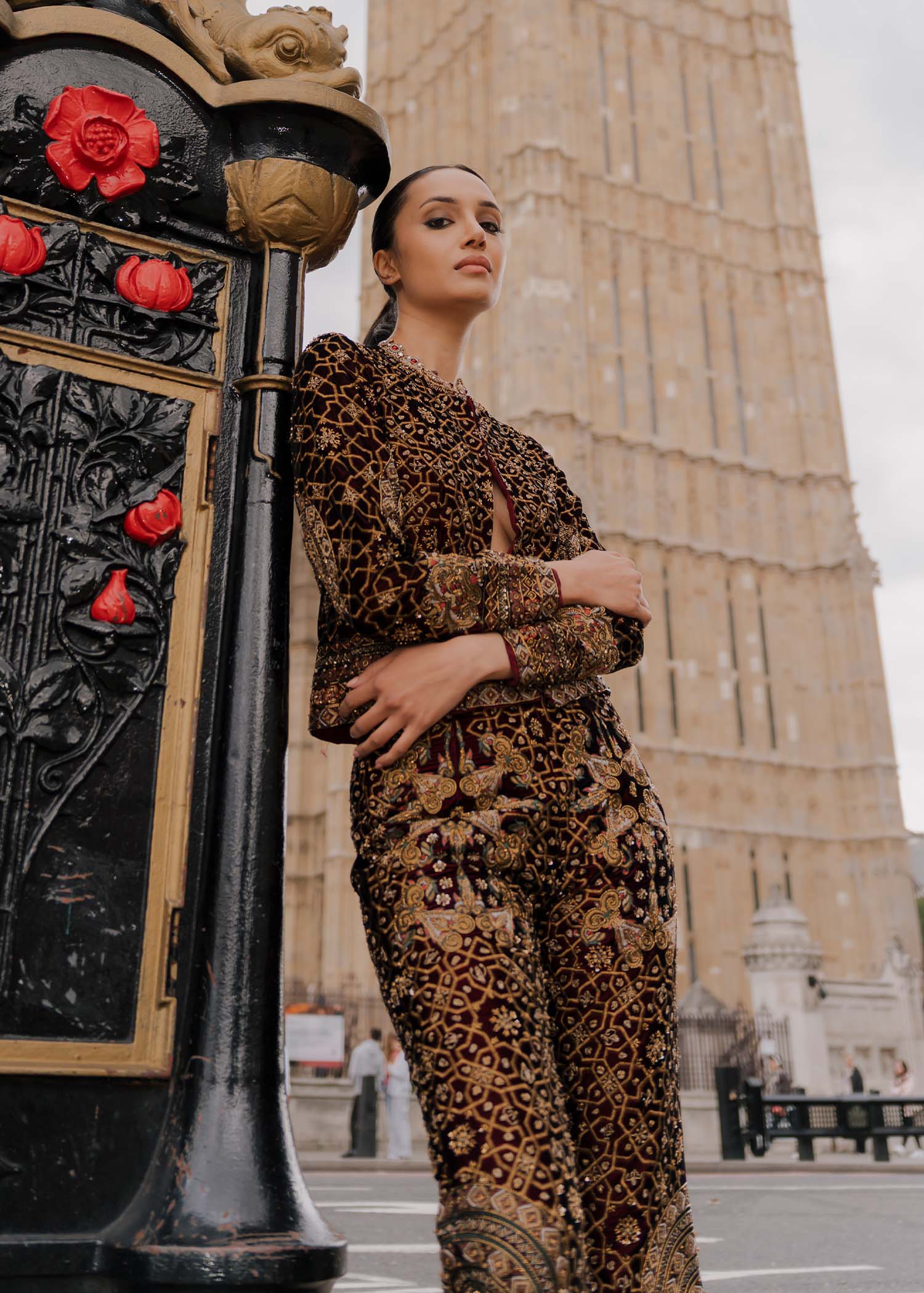 Maroon Embroidered Velvet Blazer & Bootcut Pants (2-Piece) - Image 6
