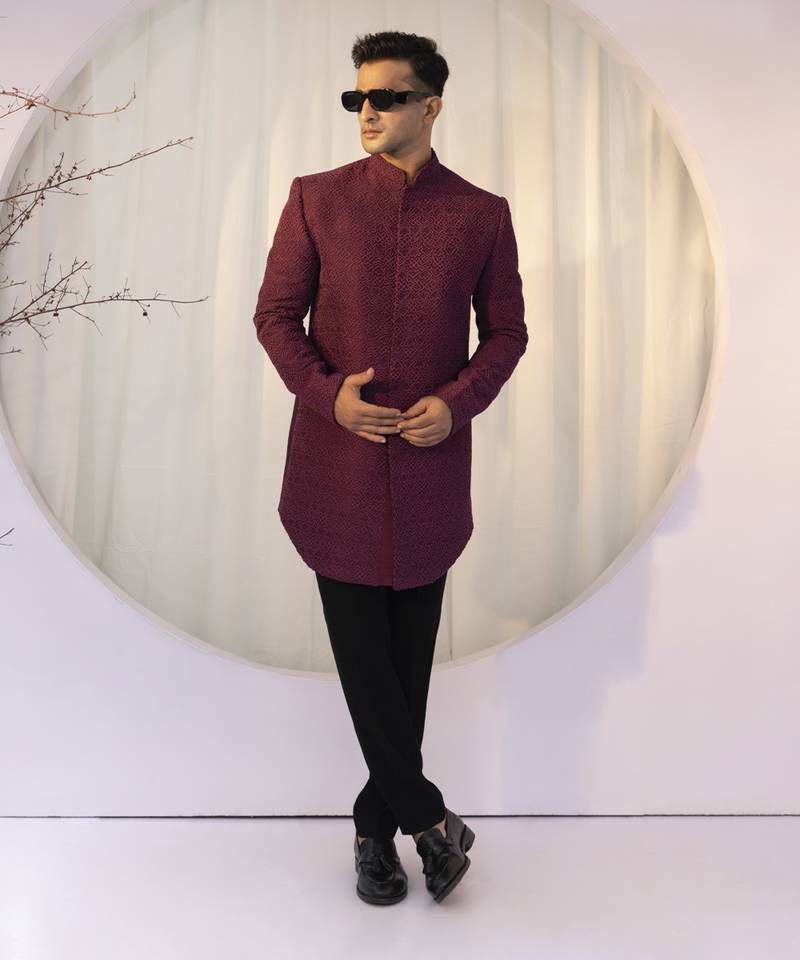 Wine Maroon French Knot Cotton Achkan (2-Piece) - Image 1