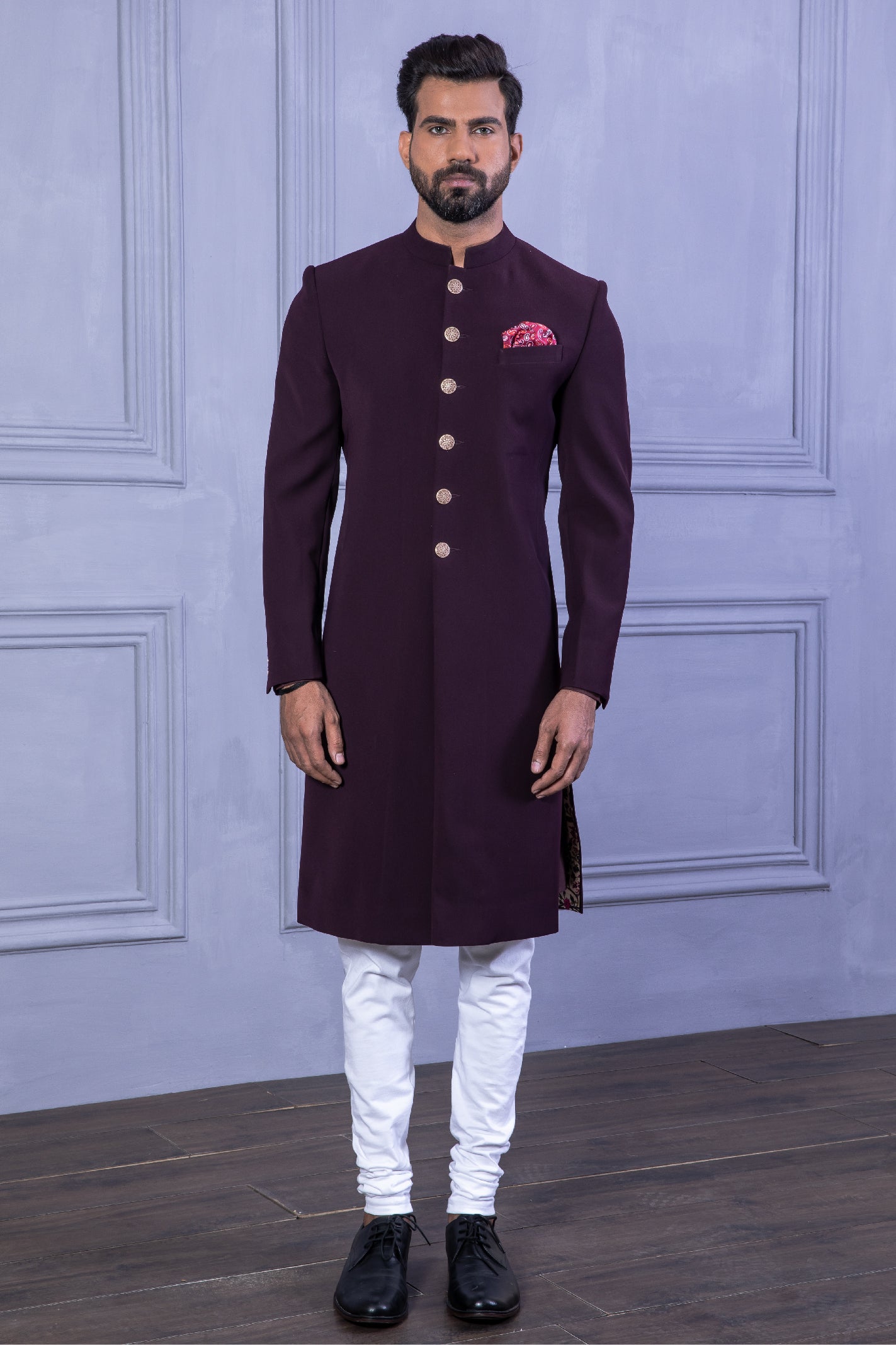 Burgundy Micron Fabric Achkan Sherwani (3-Piece) - Image 1