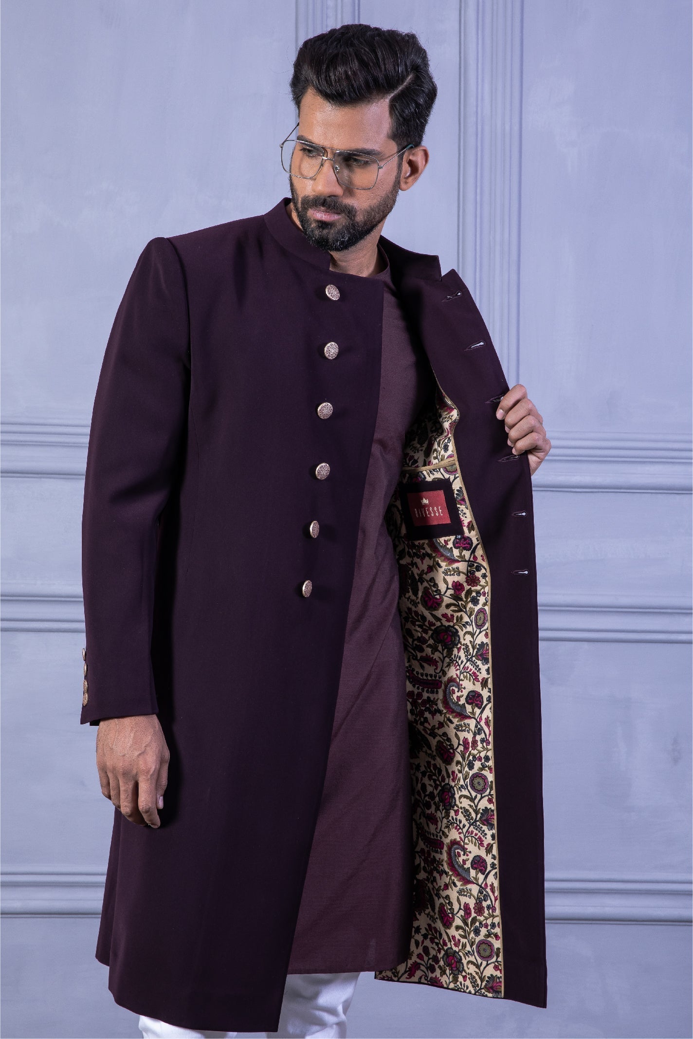 Burgundy Micron Fabric Achkan Sherwani (3-Piece) - Image 2