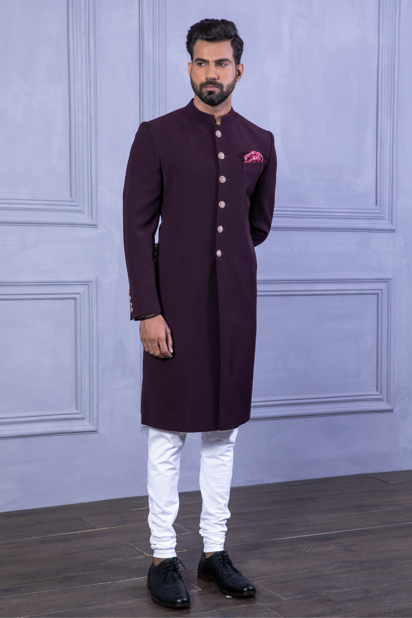 Burgundy Micron Fabric Achkan Sherwani (3-Piece) - Image 3