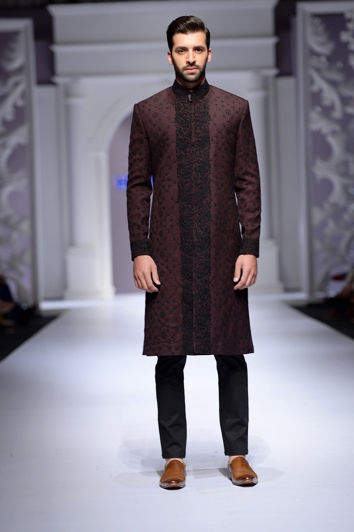 Deep Maroon Textured Sherwani with Black Embroidery (2-Piece) - Image 1