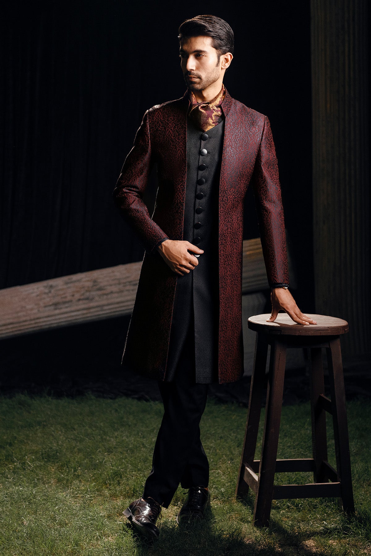 Deep Maroon Jacquard Achkan Sherwani (2-Piece) - Image 1