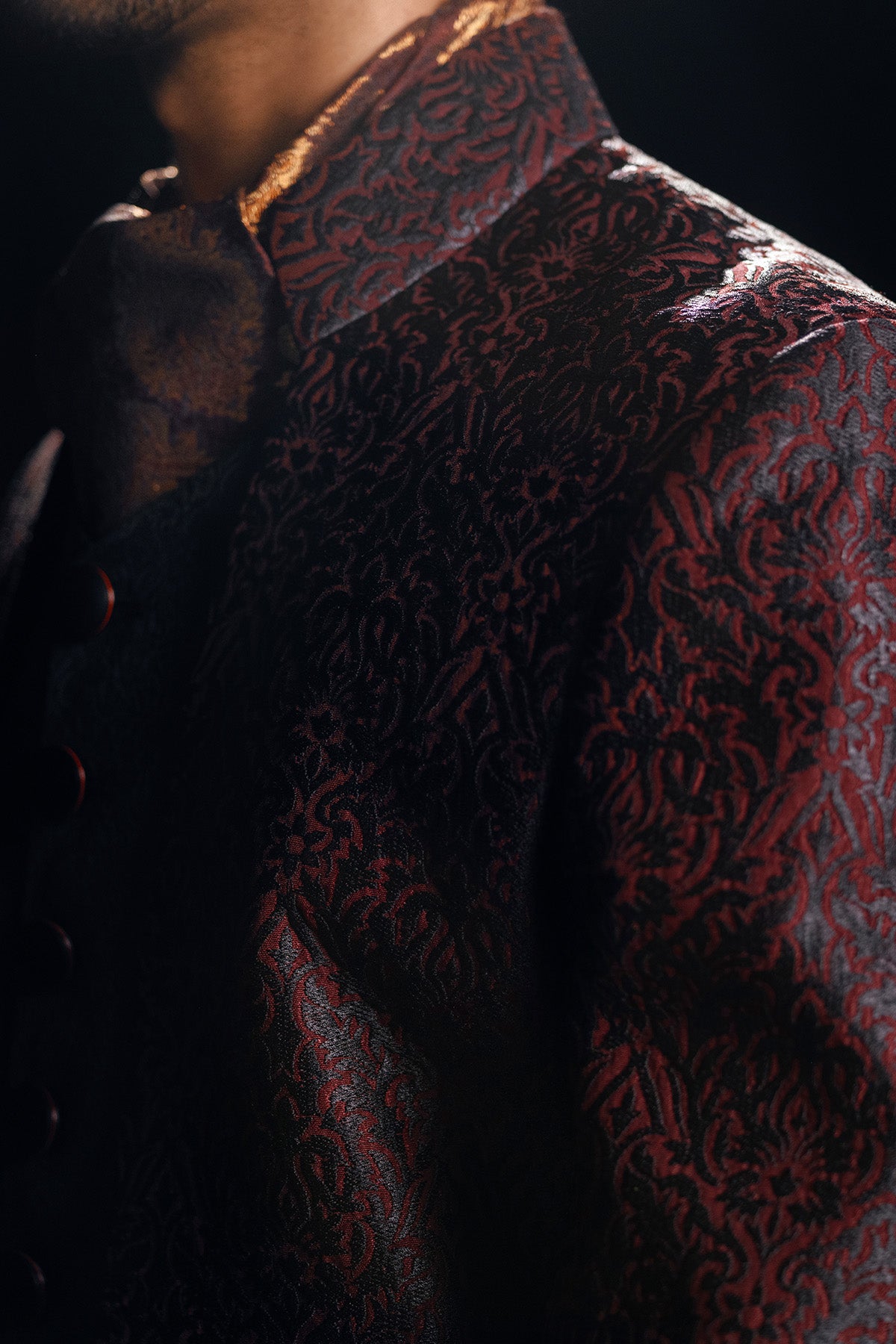 Deep Maroon Jacquard Achkan Sherwani (2-Piece) - Image 2