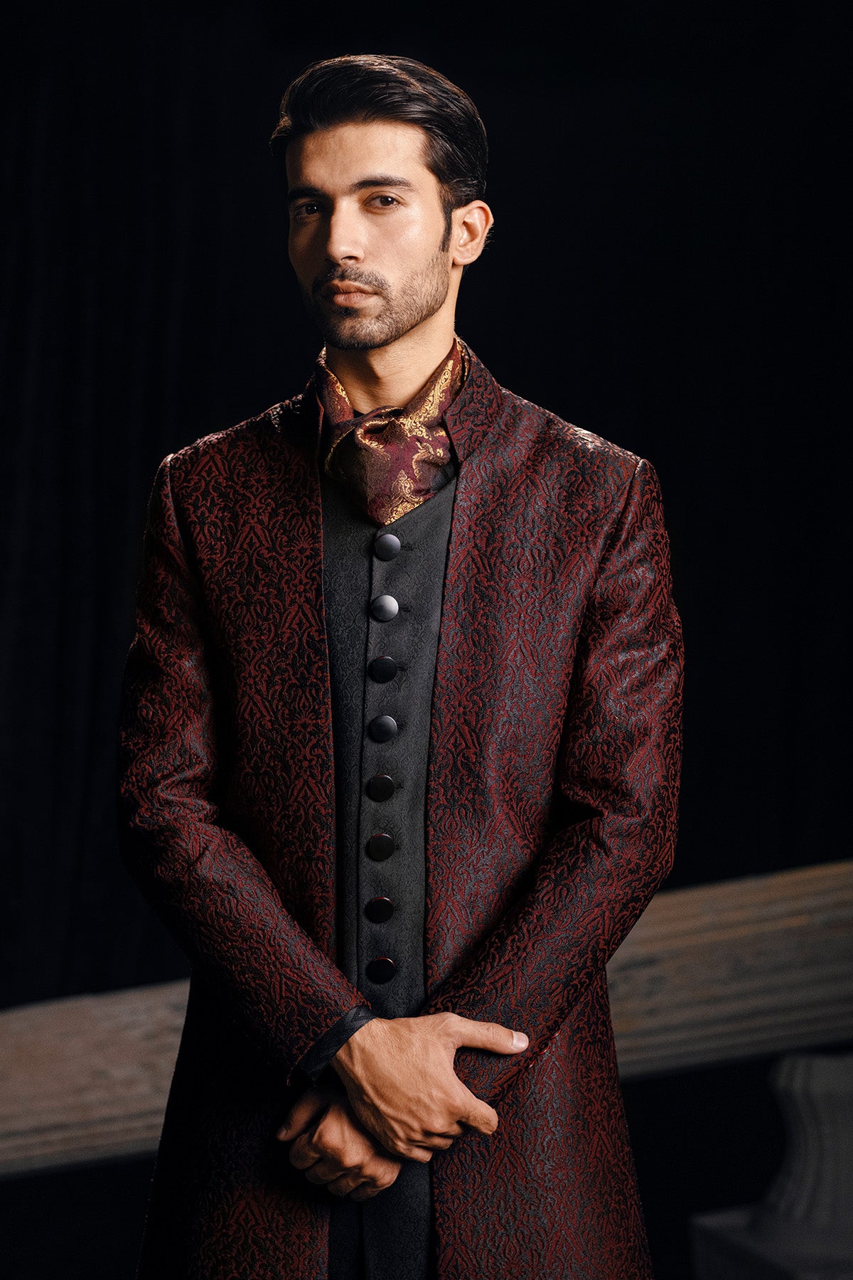Deep Maroon Jacquard Achkan Sherwani (2-Piece) - Image 3