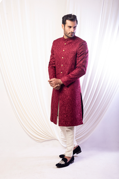 Maroon Self-Embroidered Jacquard Sherwani (2-Piece) - Image 1