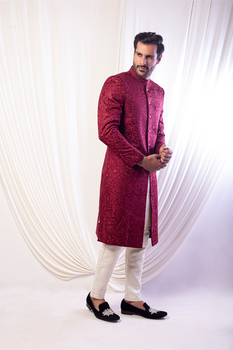 Maroon Self-Embroidered Jacquard Sherwani (2-Piece) - Image 2