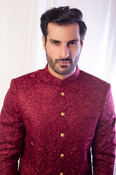 Maroon Self-Embroidered Jacquard Sherwani (2-Piece) - Image 3