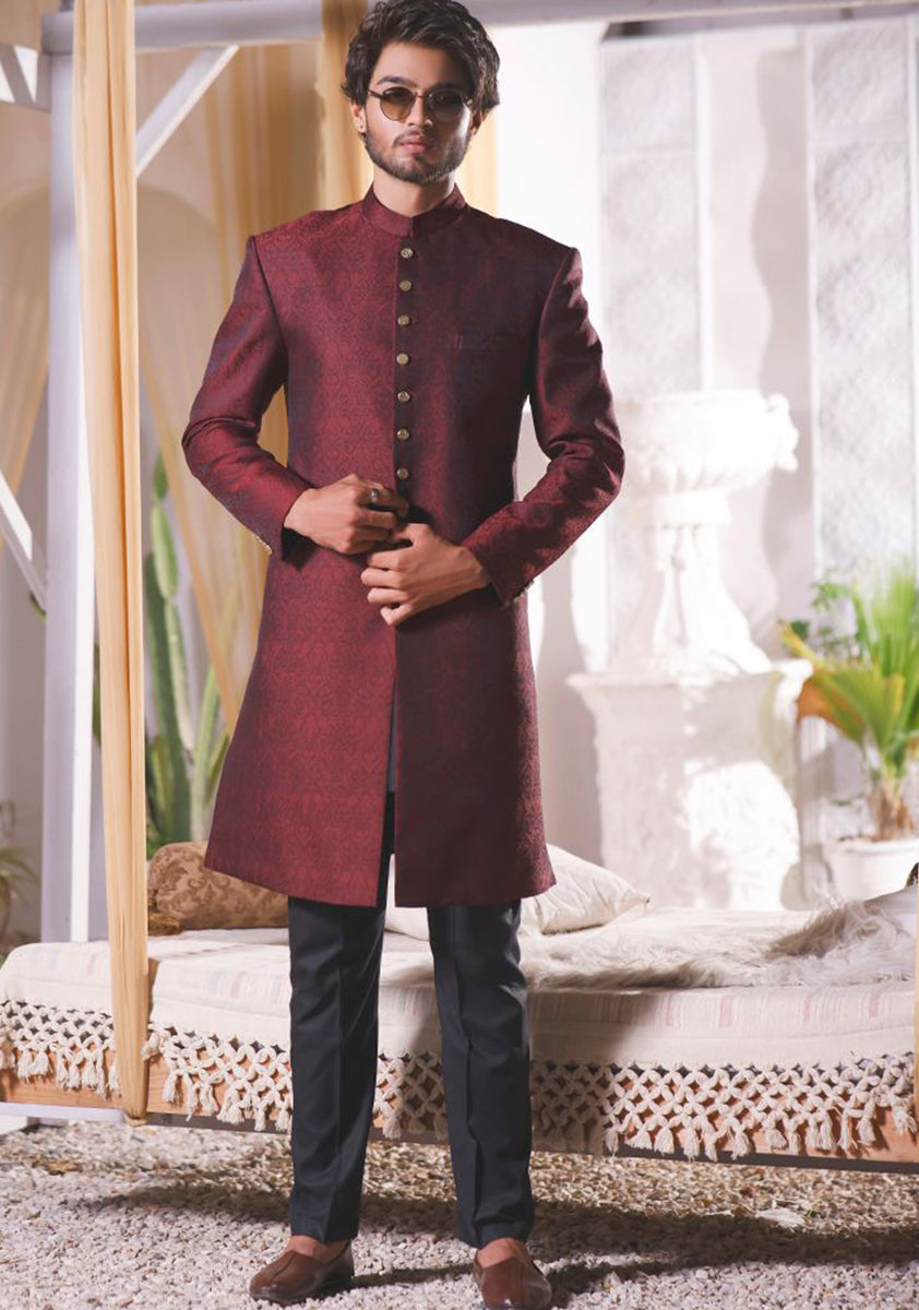 Wine Jamawar Straight-Cut Sherwani (2-Piece) - Image 1