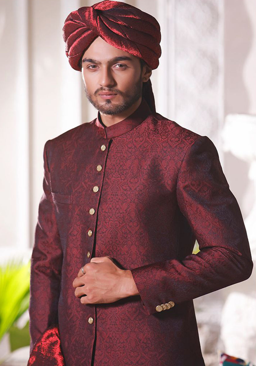 Wine Jamawar Straight-Cut Sherwani (2-Piece) - Image 2
