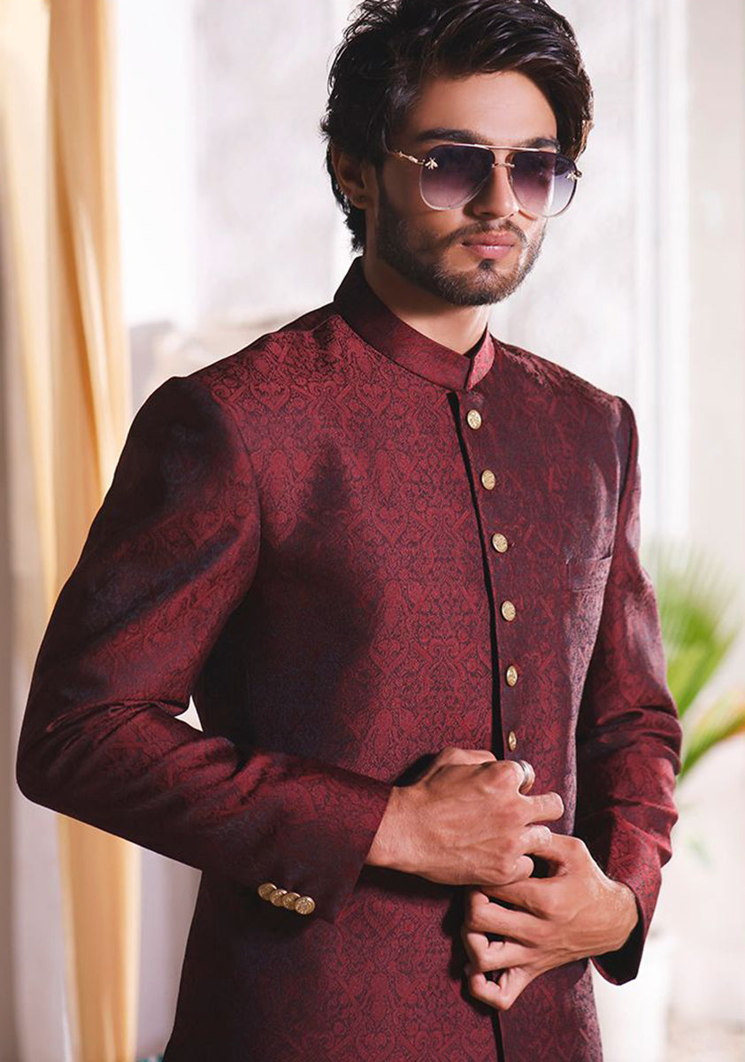 Wine Jamawar Straight-Cut Sherwani (2-Piece) - Image 3