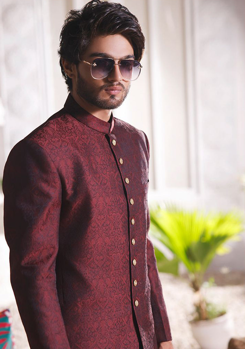 Wine Jamawar Straight-Cut Sherwani (2-Piece) - Image 4