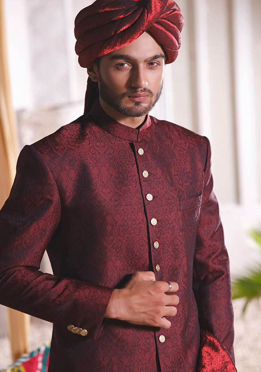 Wine Jamawar Straight-Cut Sherwani (2-Piece) - Image 5