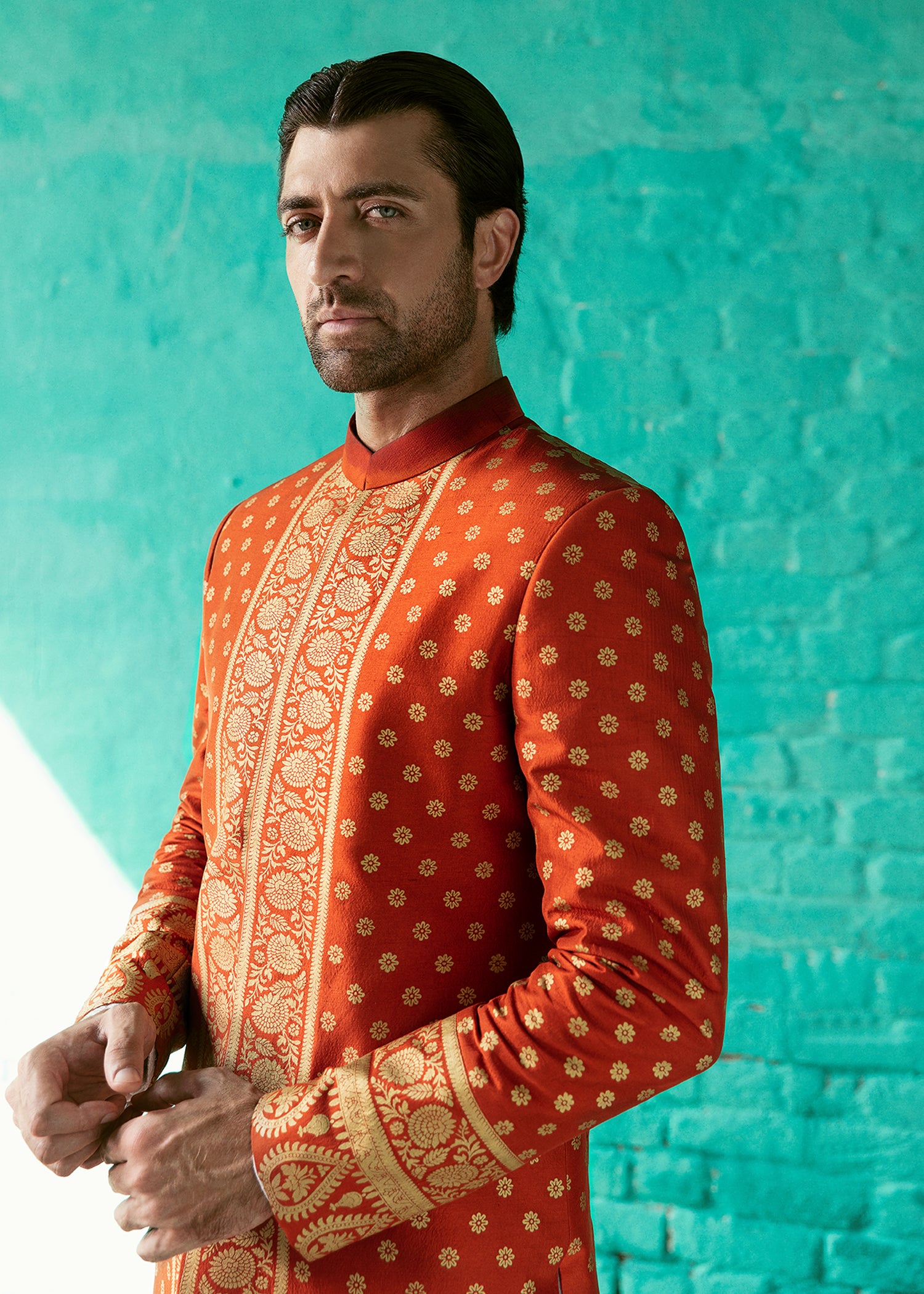Rust Boti Embroidered Raw Silk Sherwani (3-Piece) - Image 4