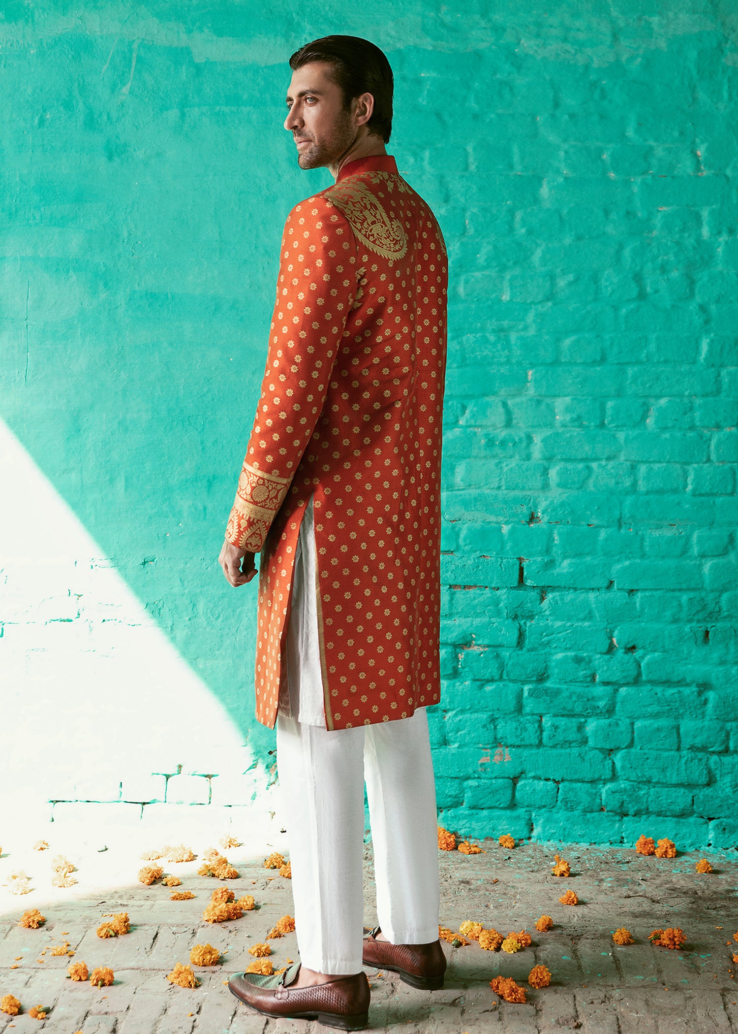 Rust Boti Embroidered Raw Silk Sherwani (3-Piece) - Image 5