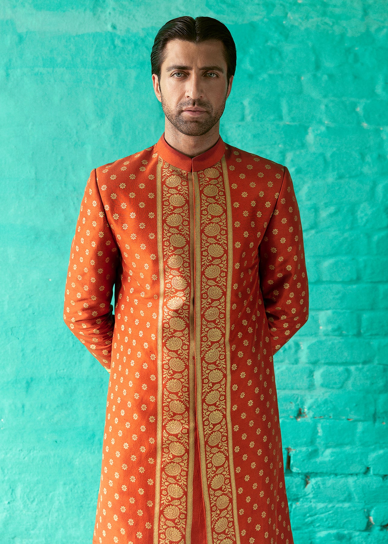 Rust Boti Embroidered Raw Silk Sherwani (3-Piece) - Image 2