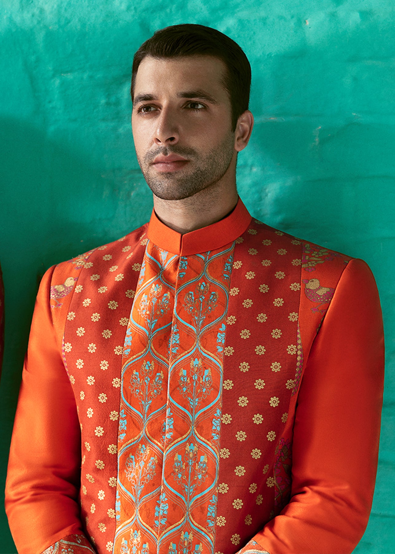 Rust Boti Embroidered Raw Silk Sherwani (3-Piece) - Image 3