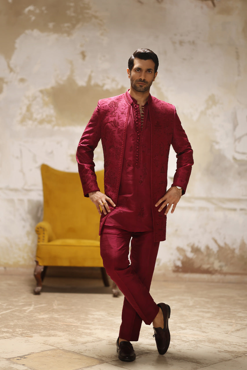 Maroon Hand-Embroidered Raw Silk Sherwani (3-Piece) - Image 1