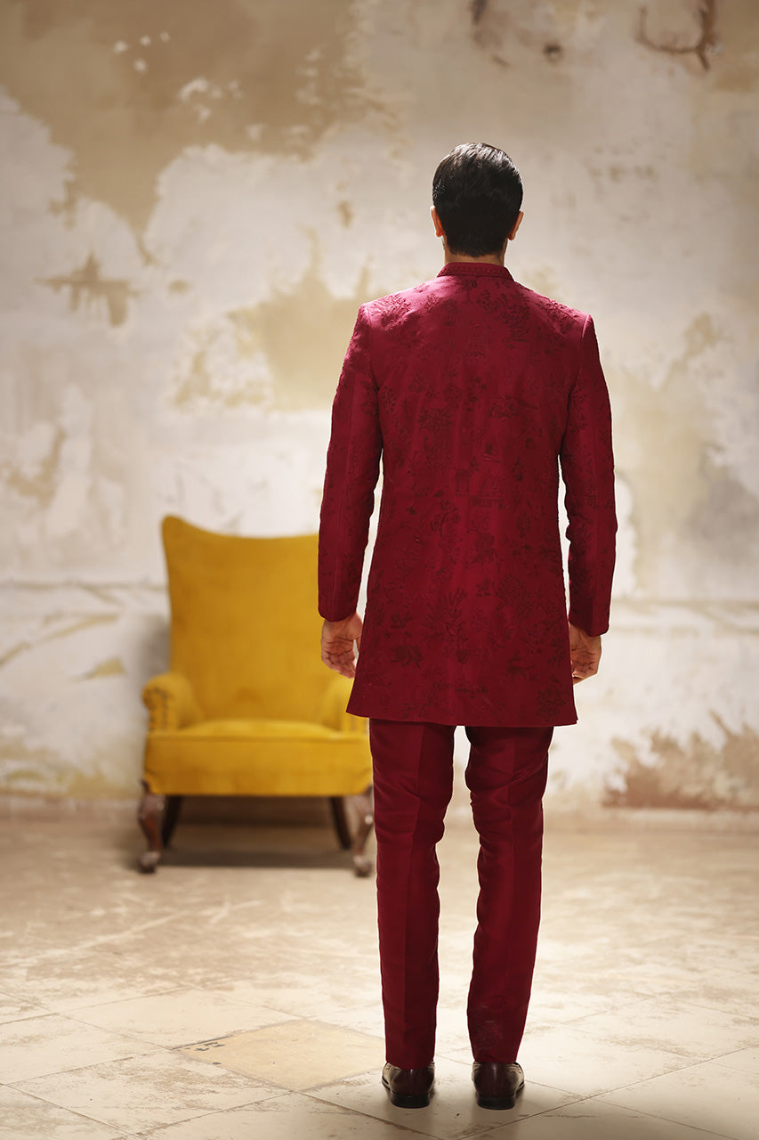Maroon Hand-Embroidered Raw Silk Sherwani (3-Piece) - Image 2