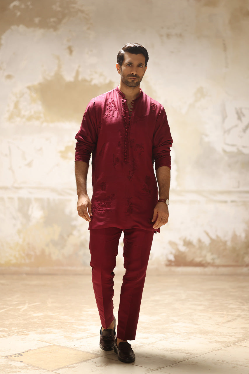 Maroon Hand-Embroidered Raw Silk Sherwani (3-Piece) - Image 3