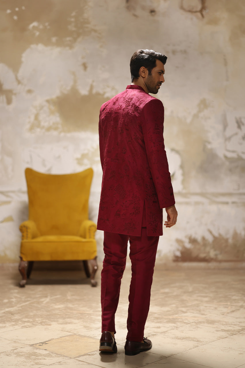 Maroon Hand-Embroidered Raw Silk Sherwani (3-Piece) - Image 4