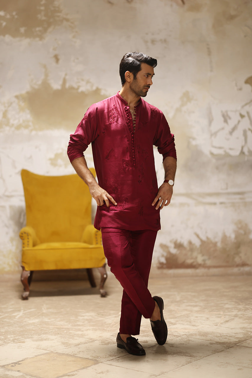 Maroon Hand-Embroidered Raw Silk Sherwani (3-Piece) - Image 5